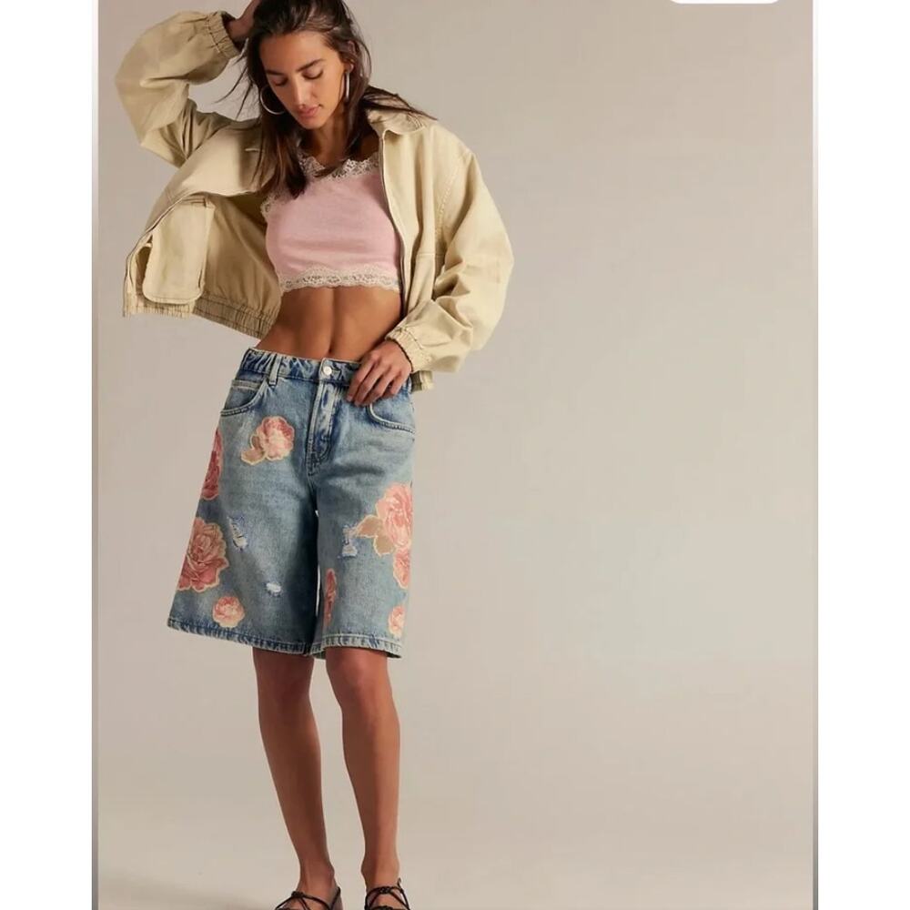 Free People Garden State Long Shorts 31 Denim Floral Distressed Y2K Boho - Picture 2 of 13